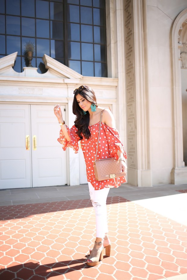 the-sweetest-thing-blog-emily-gemma-tularosa-polka-dot-dress-white-jbrand-jeans-ripped-rebecca-minkoff-chunky-heels-chanel-boy-bag-tan-large-kenneth-jay-lane-seed-bead-earrings-dallas-texas-fas